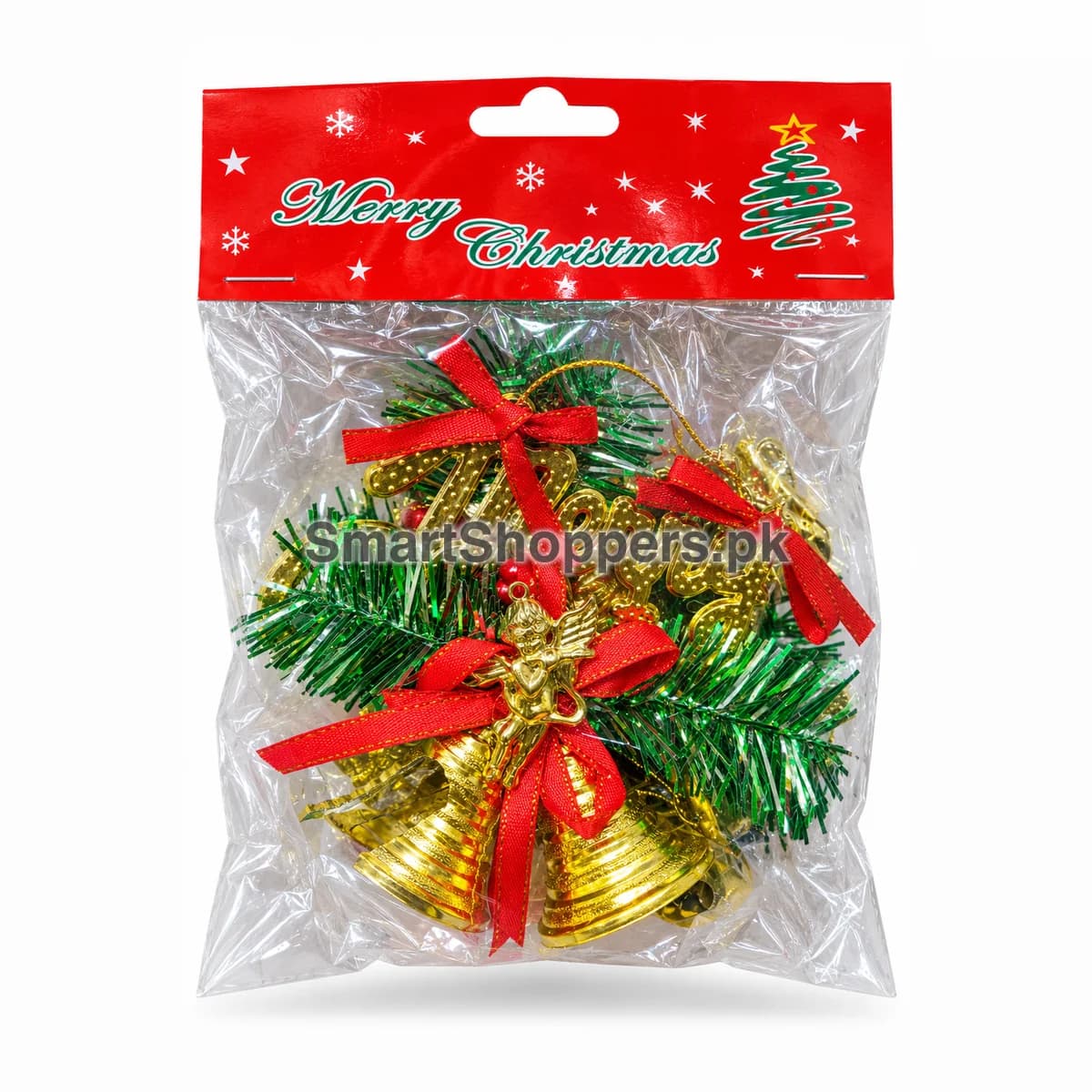 Gold bell cluster with red bows, green pine, a gold angel and a Merry sign in its bag