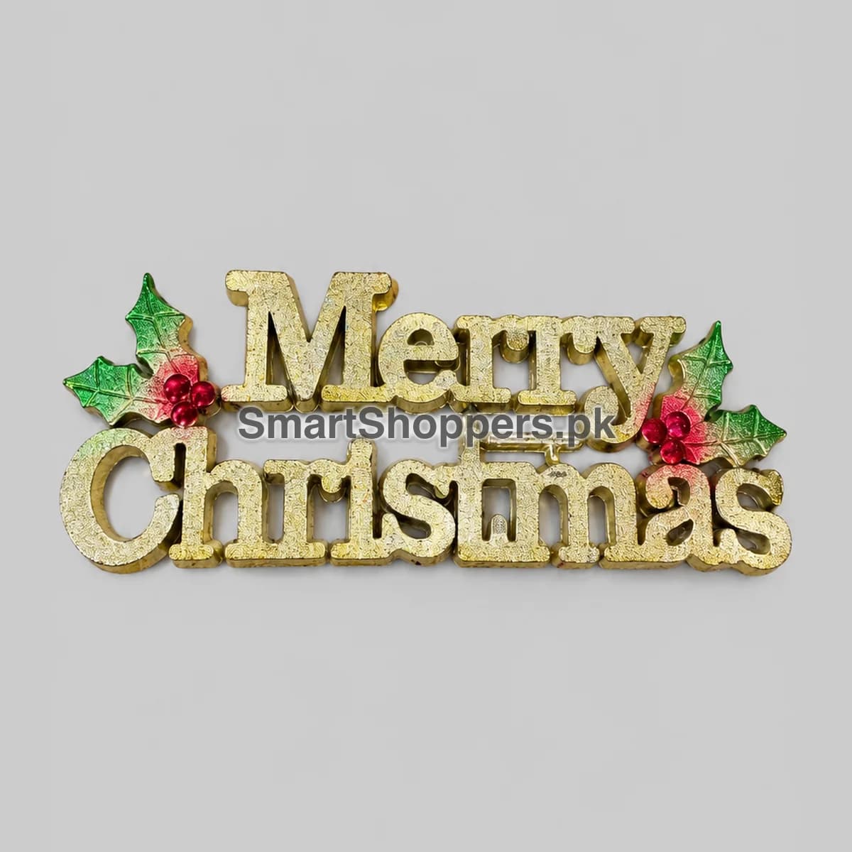 Gold glitter Merry Christmas sign with green holly and red berries
