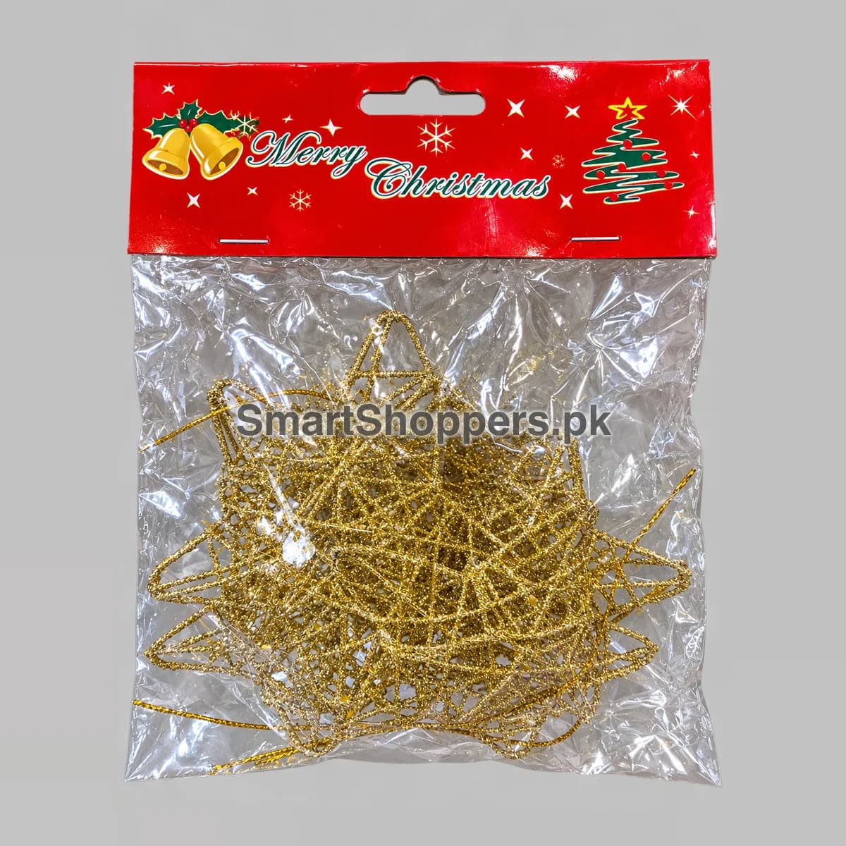 Bag of gold glitter wire stars for Christmas tree decoration, with a red Merry Christmas header card