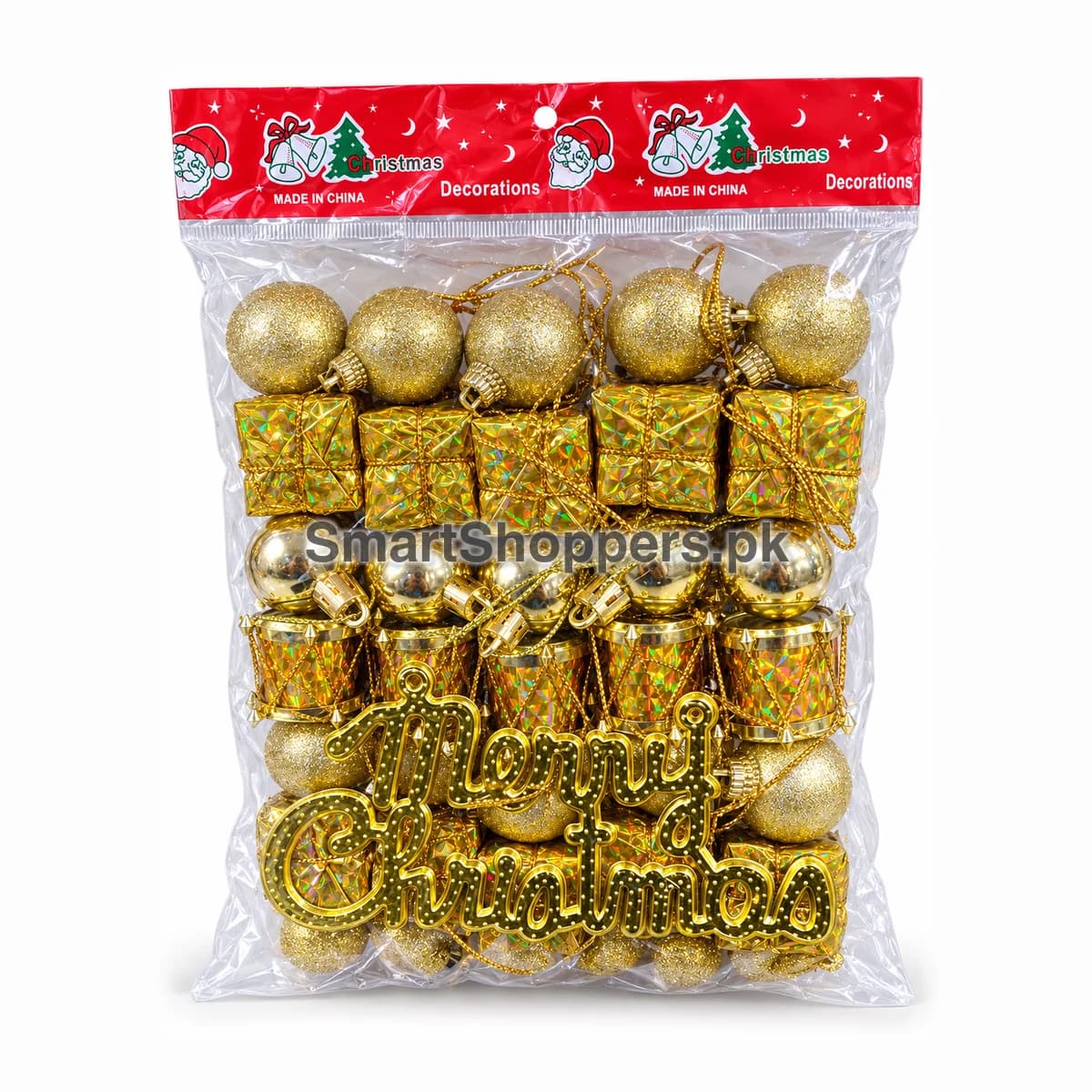 Gold mixed Christmas ornament pack in a bag: glitter and shiny balls, holographic gift boxes, drums and a Merry Christmas sign