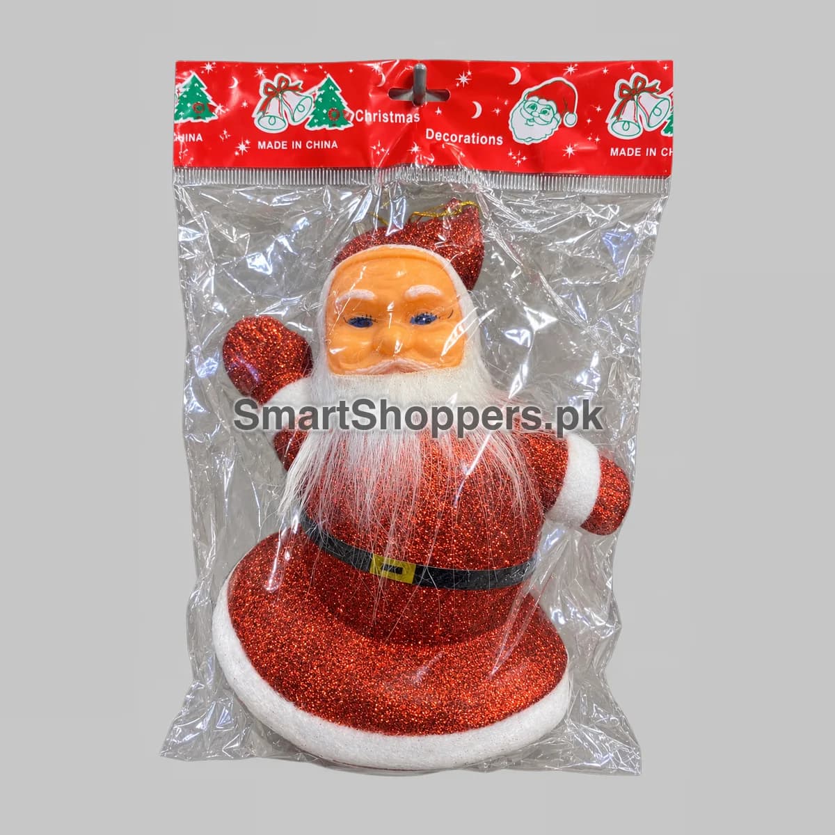 Large Santa Claus ornament with a red glitter suit and a white beard, in its pack