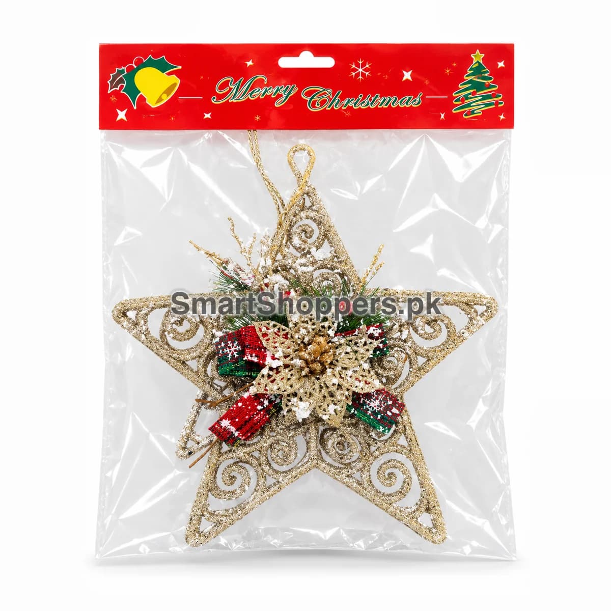 Large gold glitter star ornament with gold poinsettia, pine, red berries and tartan ribbon in its pack