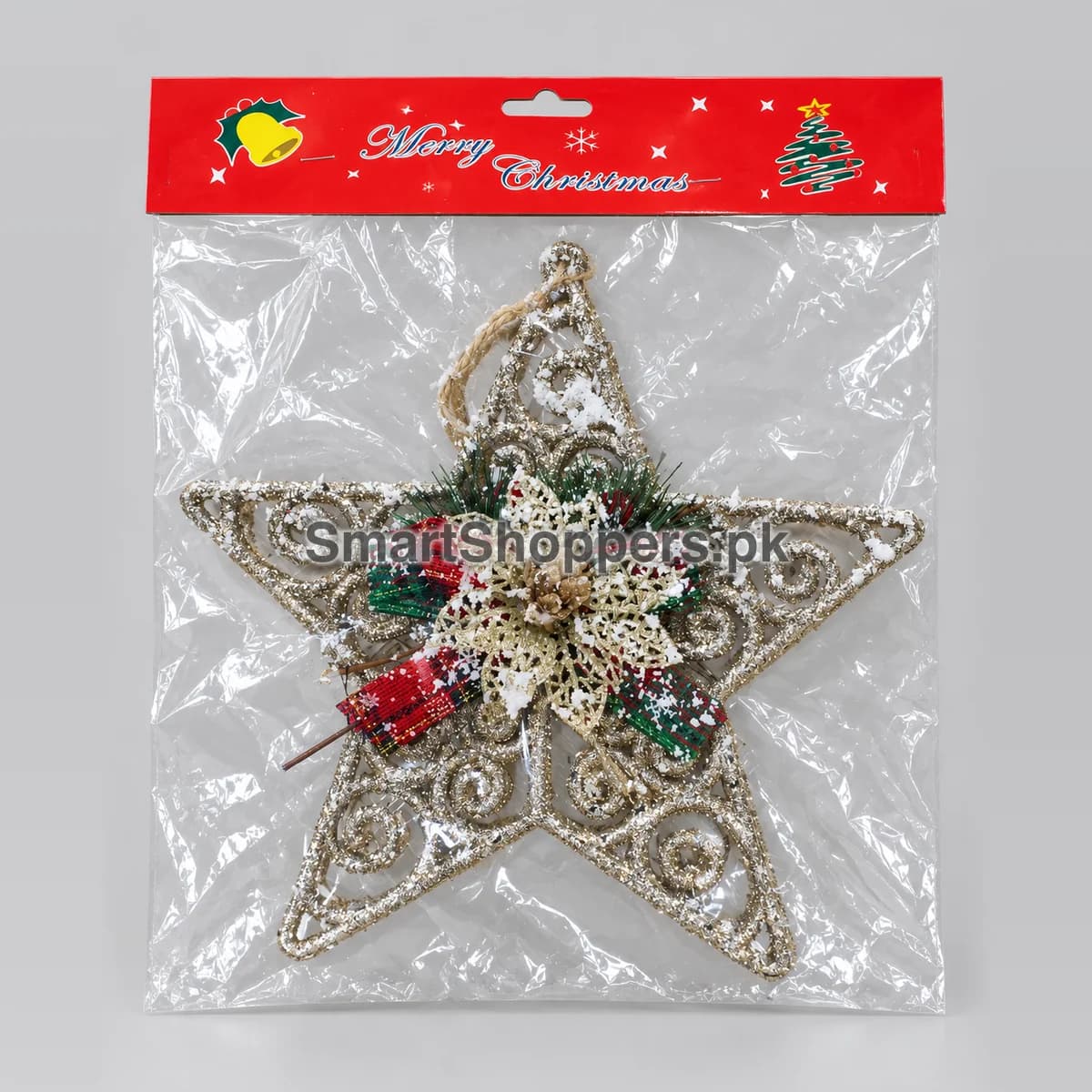 Large silver glitter star ornament with red berries, green sprigs and a glitter flower