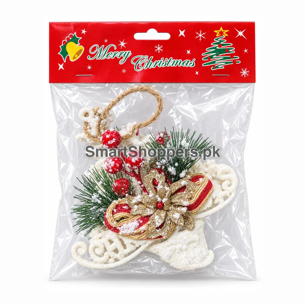 Large white glitter sleigh ornament with red berries, pine and a red and gold bow in its pack