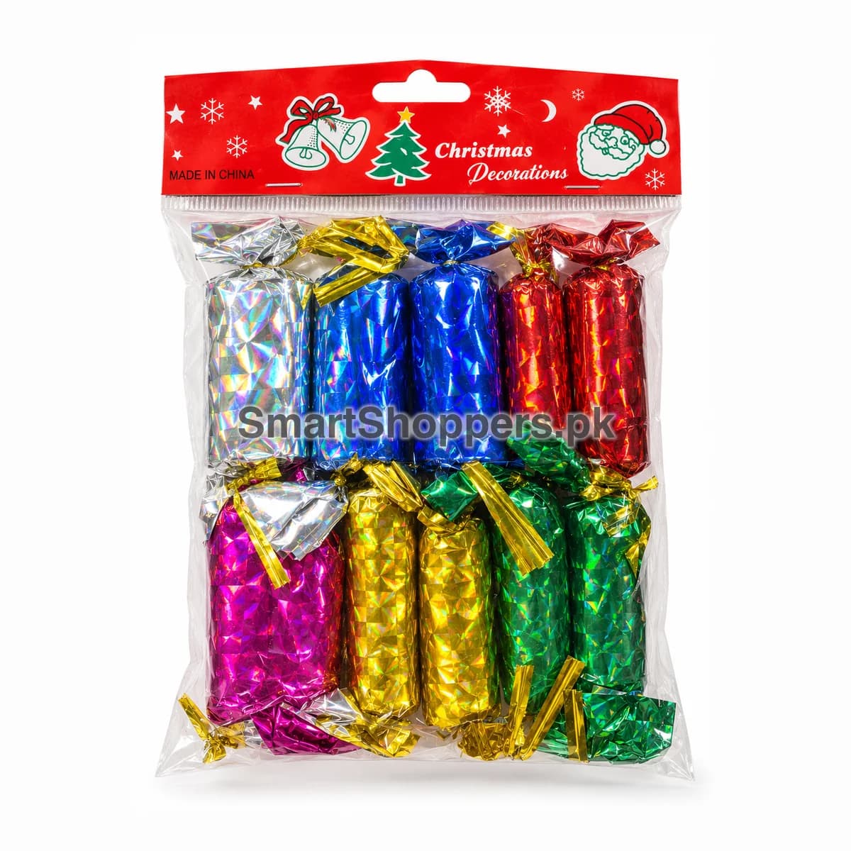 Pack of 10 shiny candy ornaments in silver, blue, red, pink, gold and green foil in their bag