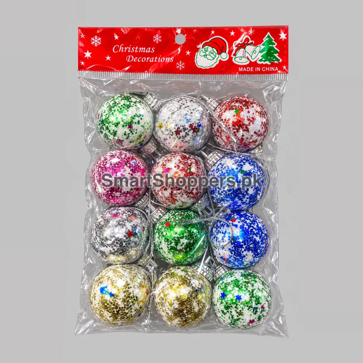 Pack of 12 Christmas balls covered in green, red, blue, pink, gold and silver sequins, in their bag