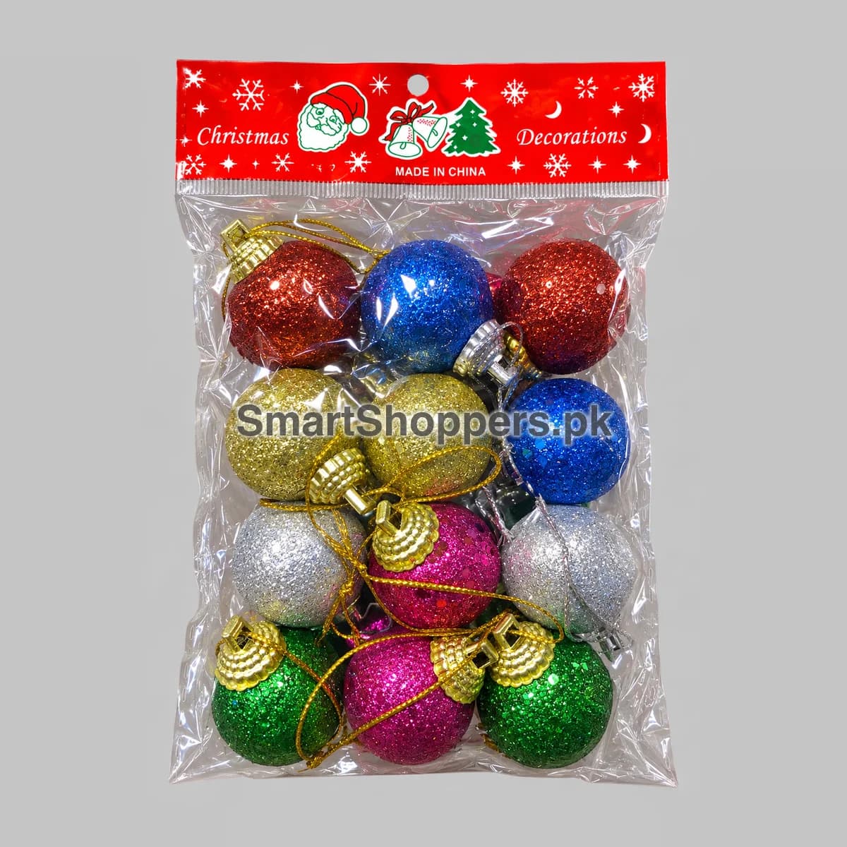 Pack of 12 multicolour glitter Christmas balls in red, blue, gold, silver, green and pink, in their bag