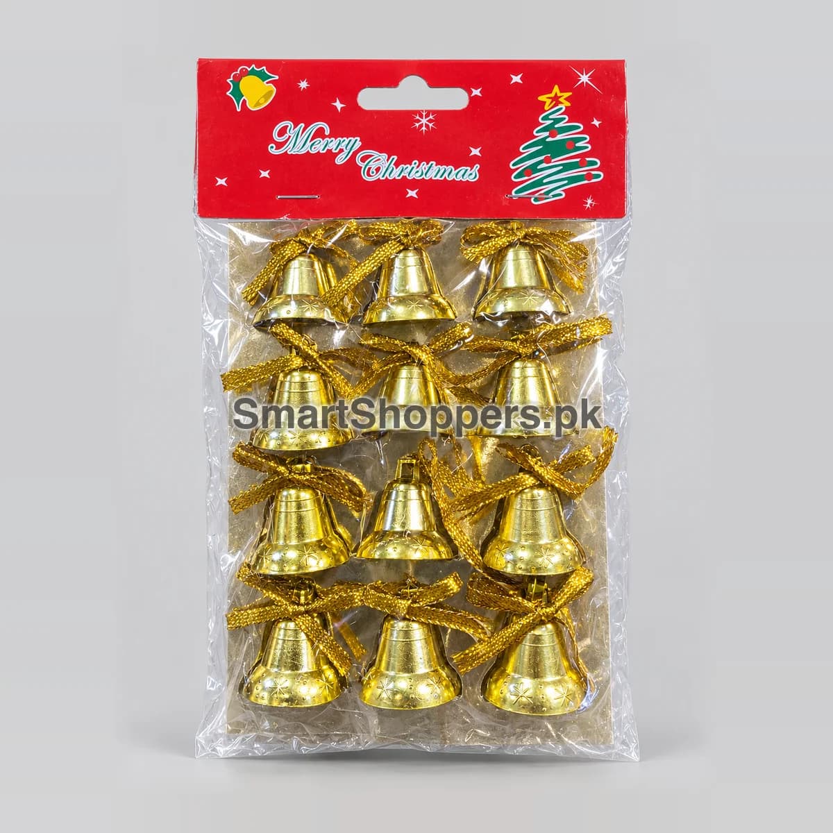 Pack of 12 medium gold plastic bells with gold ribbon bows