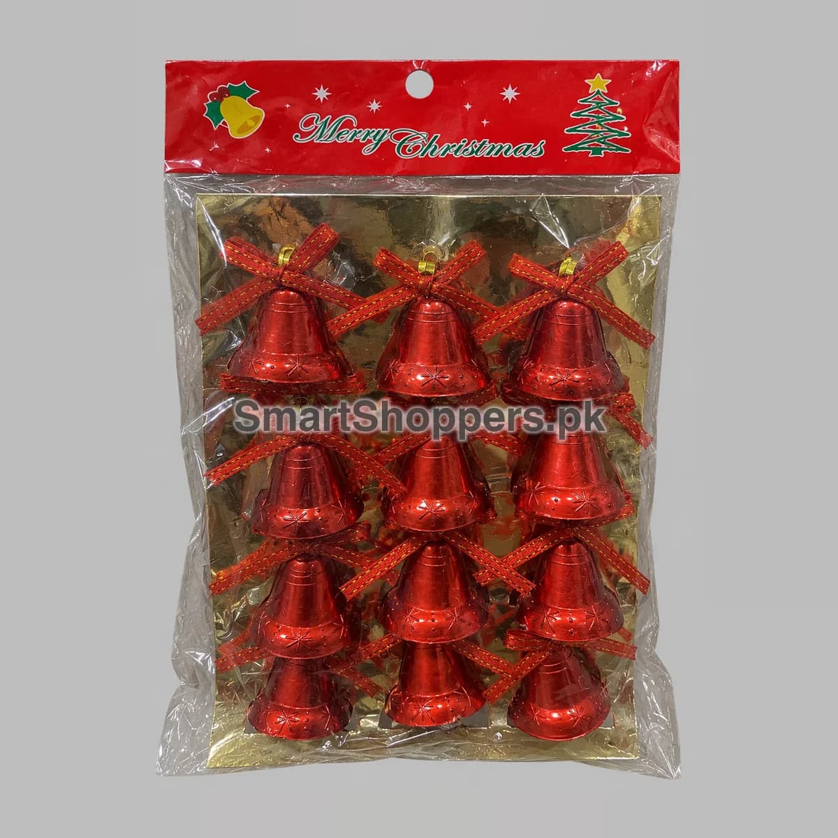Pack of 12 shiny red bells with red bows and gold hanging loops, in their bag