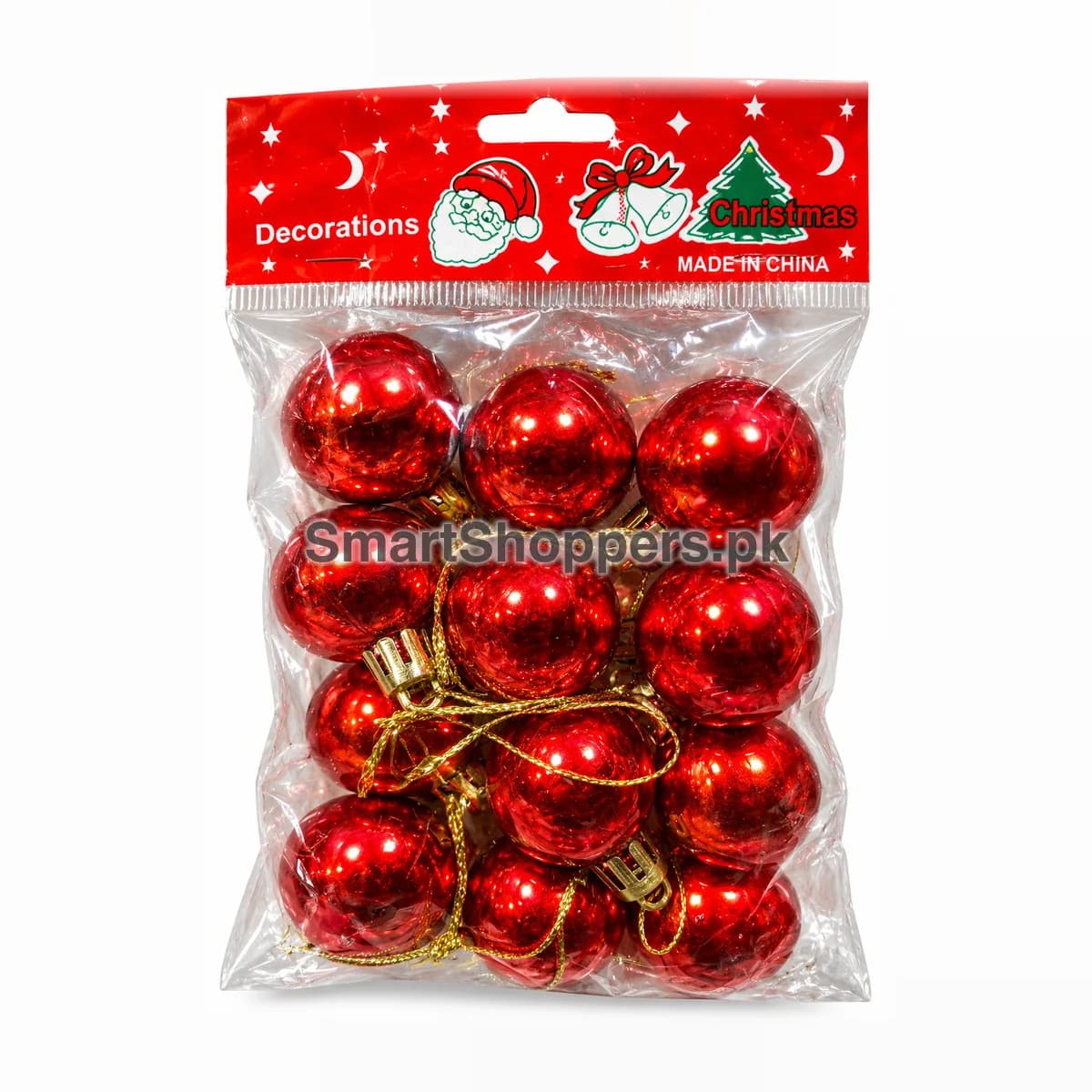 Pack of 12 red shiny Christmas balls with gold caps and cords in their bag