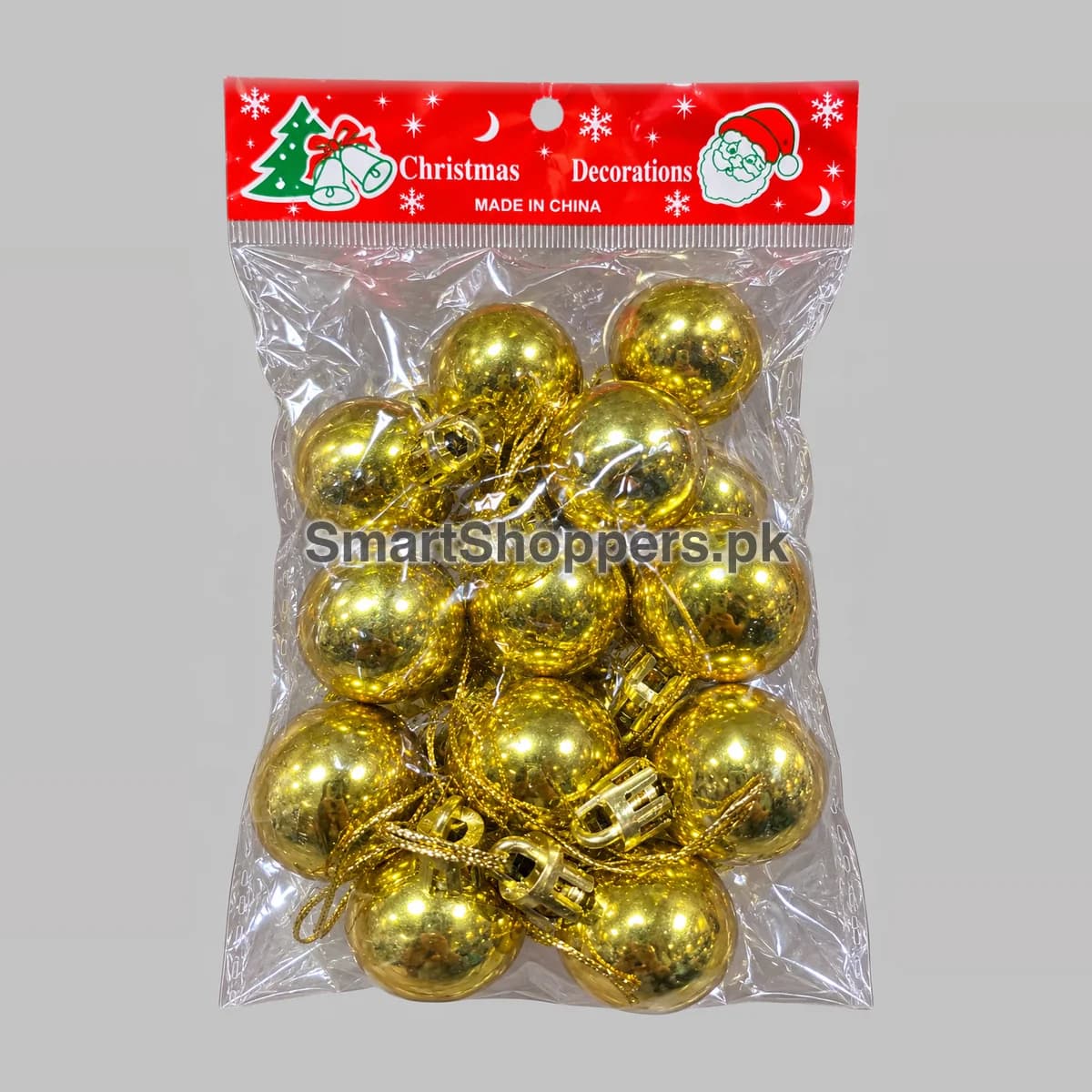 Pack of 12 small gold shiny Christmas balls with gold caps and cords