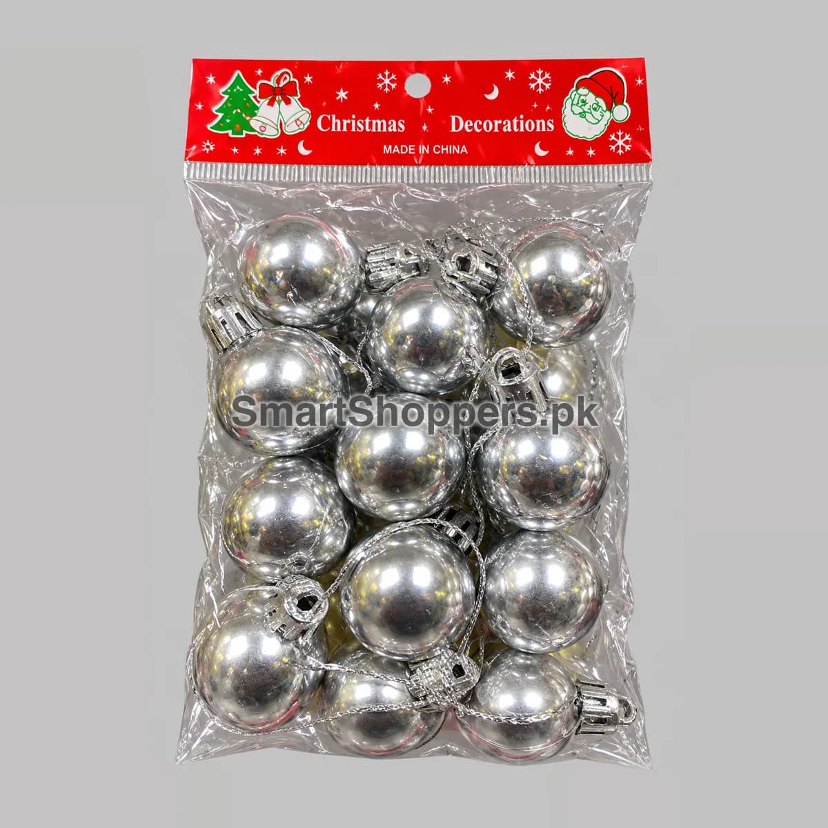 Pack of 12 small silver shiny Christmas balls with silver caps and cords