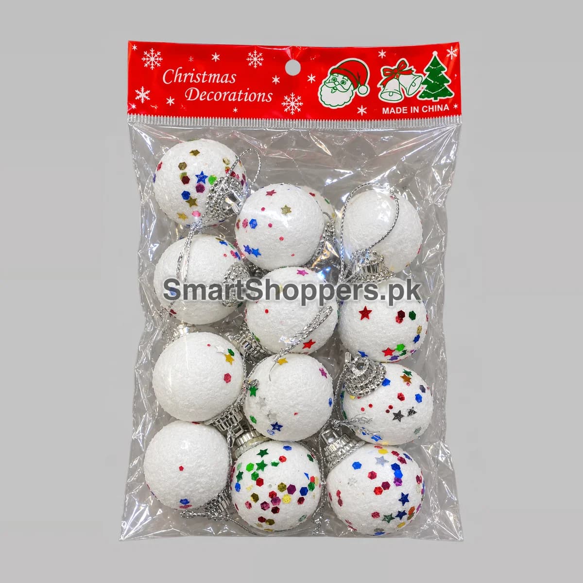 Pack of 12 white Christmas balls with coloured sequins and stars, in their bag