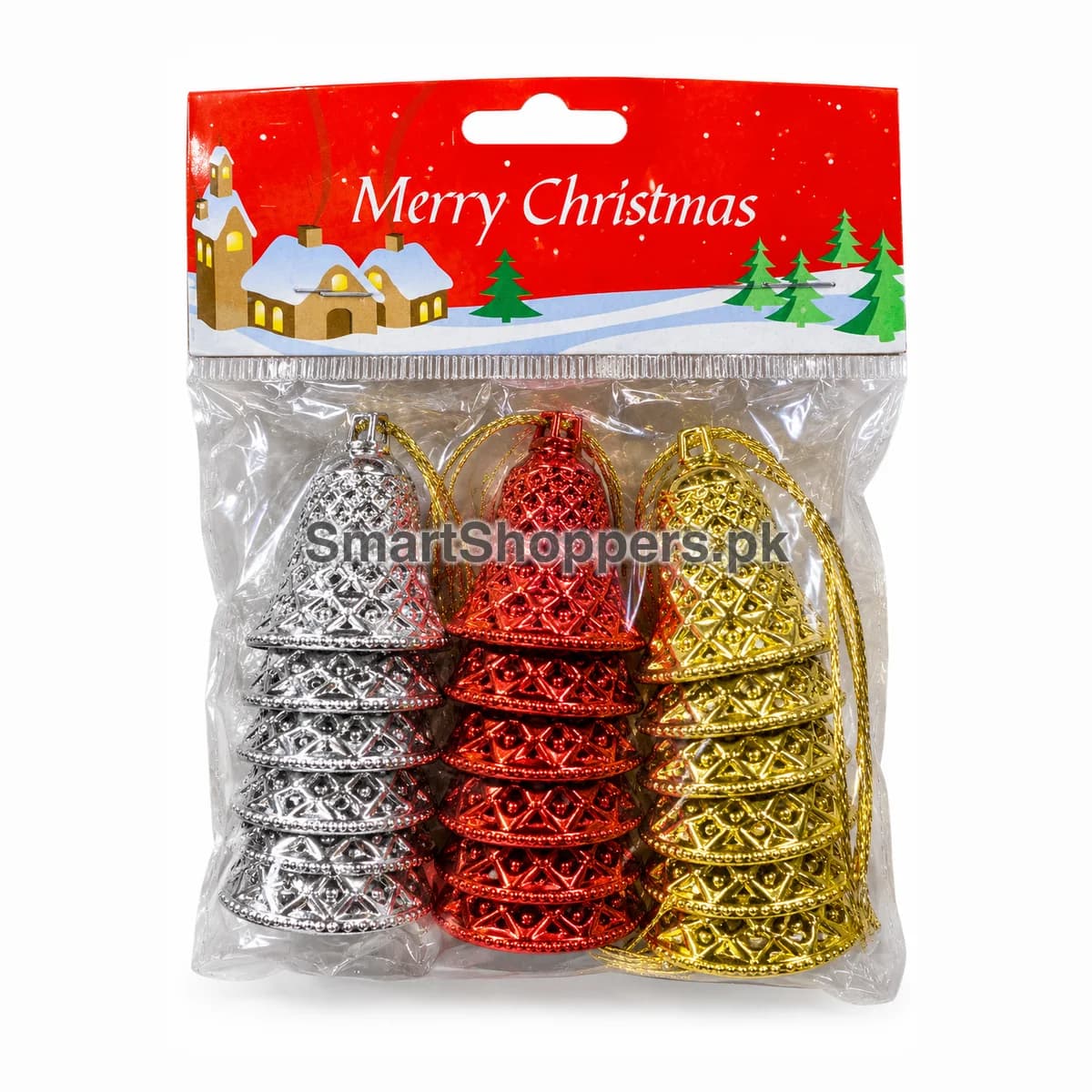 Pack of 18 stacked lattice bell ornaments in silver, red and gold in their bag