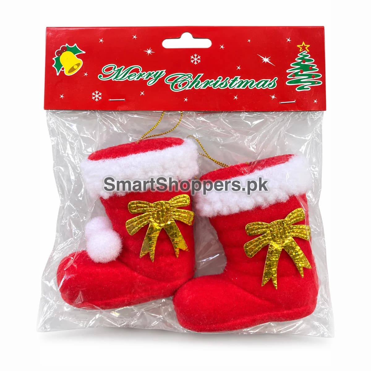 Pack of 2 small red Santa boot ornaments with white fluffy tops and gold bows