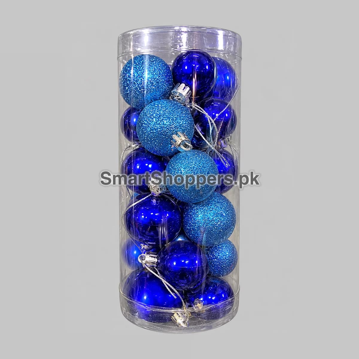 Pack of 24 blue Christmas balls, shiny and glitter, in a clear tube