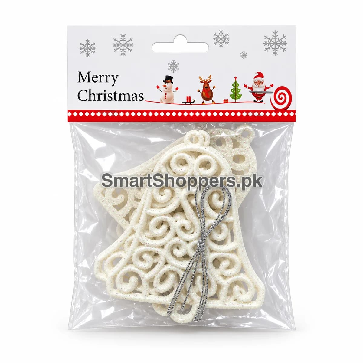 Pack of 3 white glitter swirl bell ornaments with a silver cord in their bag