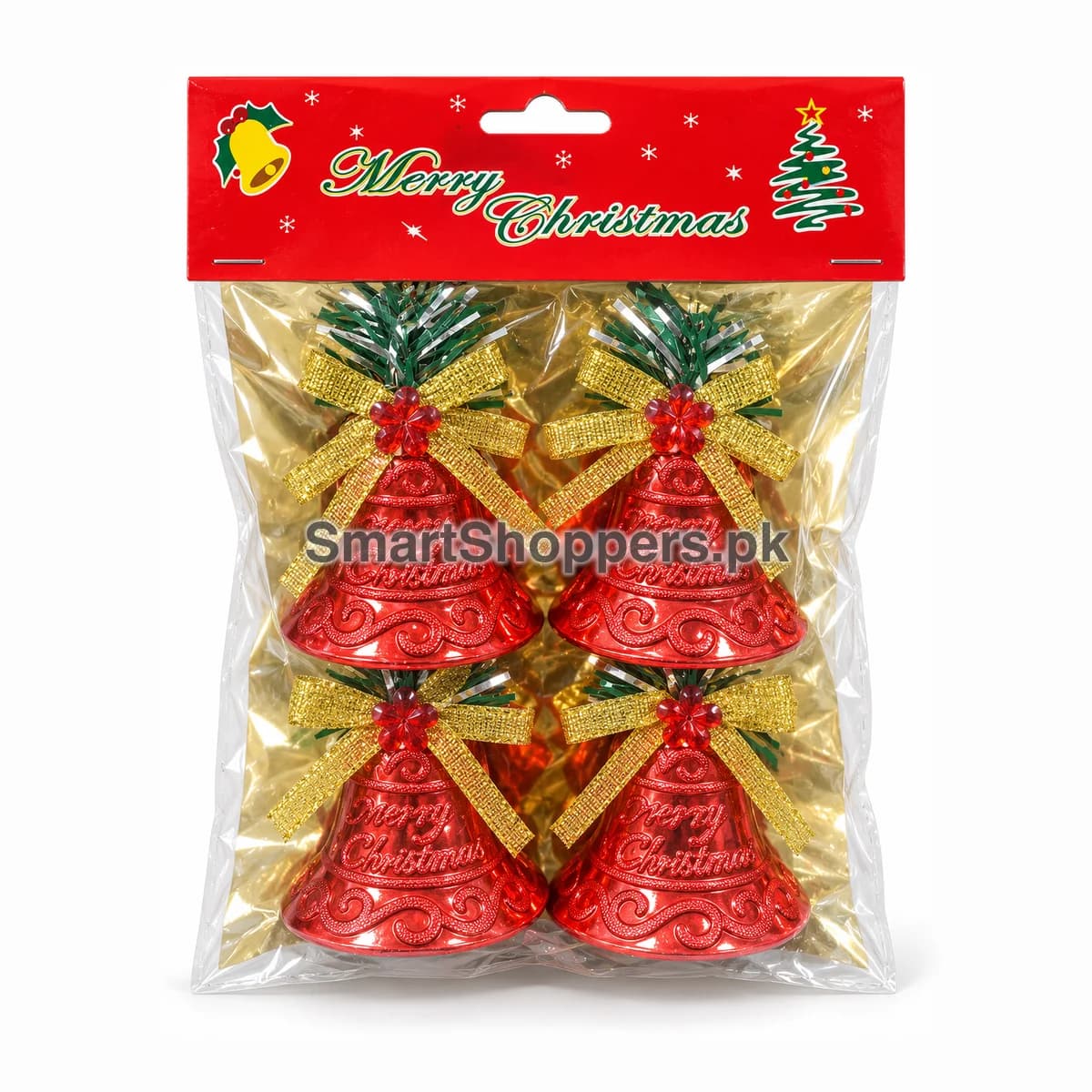 Pack of 4 shiny red bells with gold bows, red jewel flowers and Merry Christmas lettering in their bag