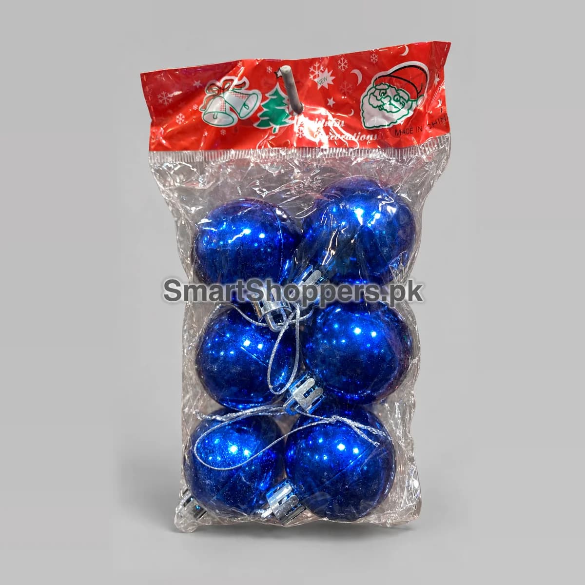 Pack of 6 blue shiny Christmas balls with silver caps and cords, in their bag
