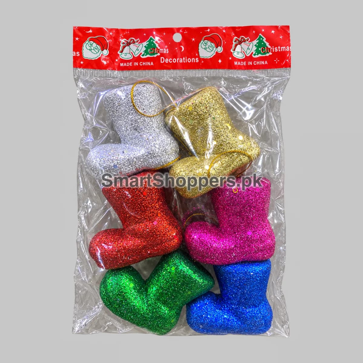 Pack of 6 glitter boot ornaments in silver, gold, red, pink, green and blue