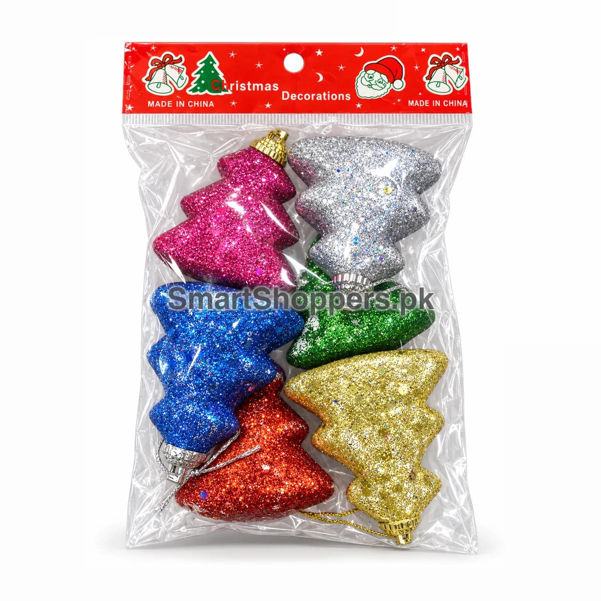 Pack of 6 glitter tree-shaped Christmas ornaments in pink, silver, blue, green, red and gold in their bag