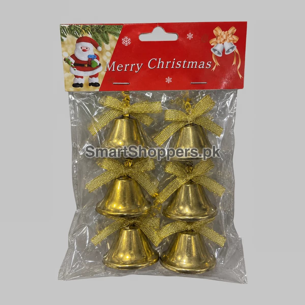 Pack of 6 shiny gold bells with gold mesh bows, in their bag
