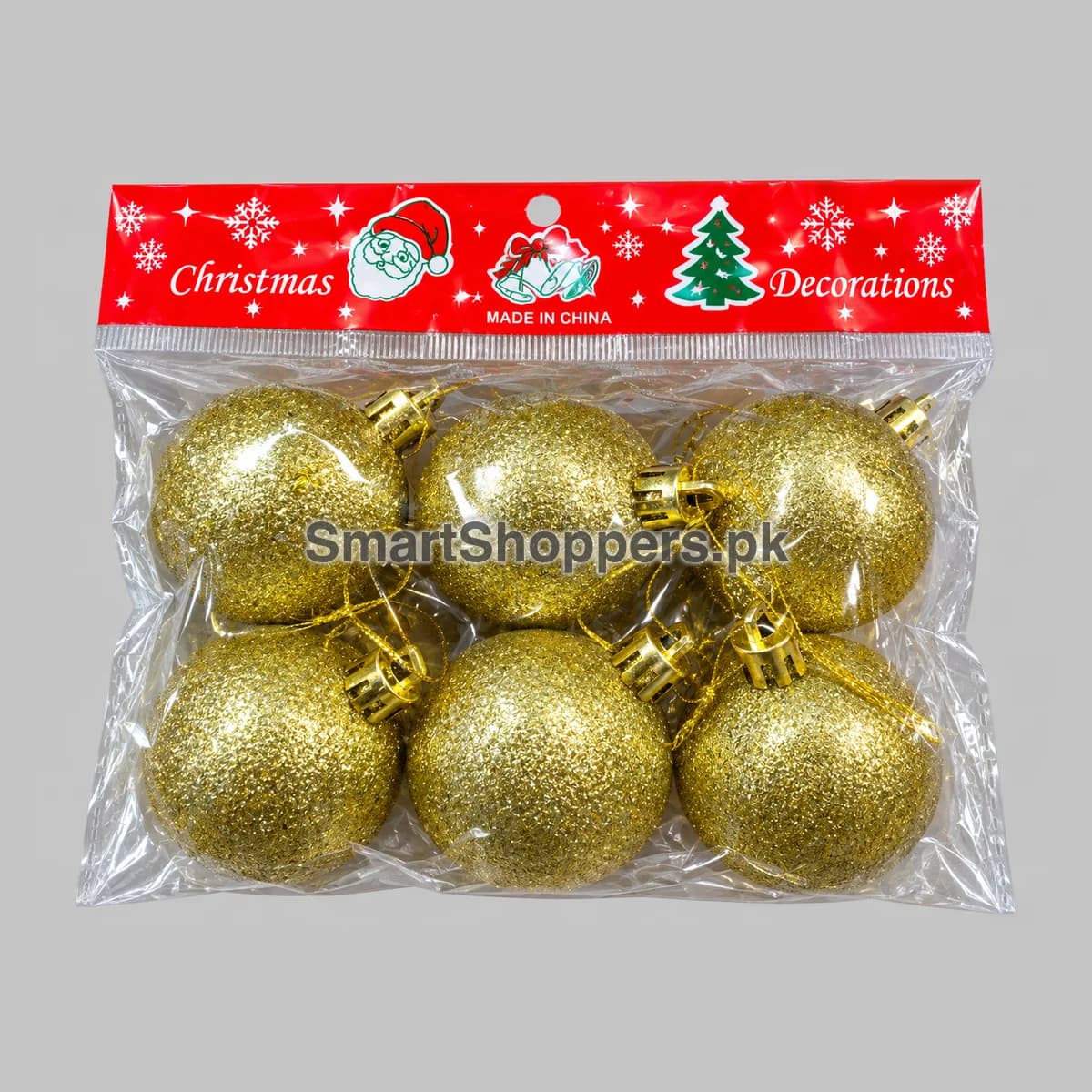 Pack of 6 gold glitter Christmas balls with gold caps and cords, in their bag