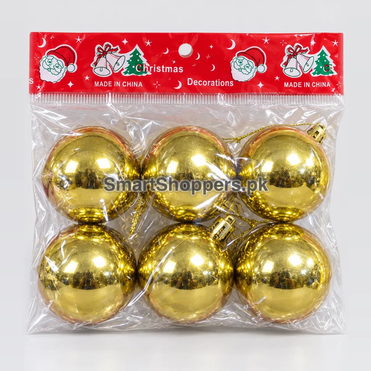 Pack of 6 gold shiny Christmas balls with a mirror finish, in their bag