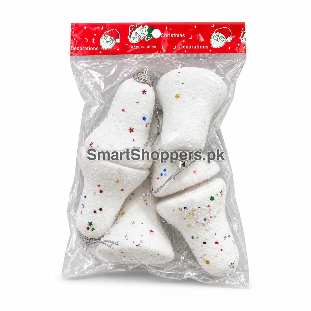 Pack of 6 large white bells with colourful sequins and silver caps in their bag