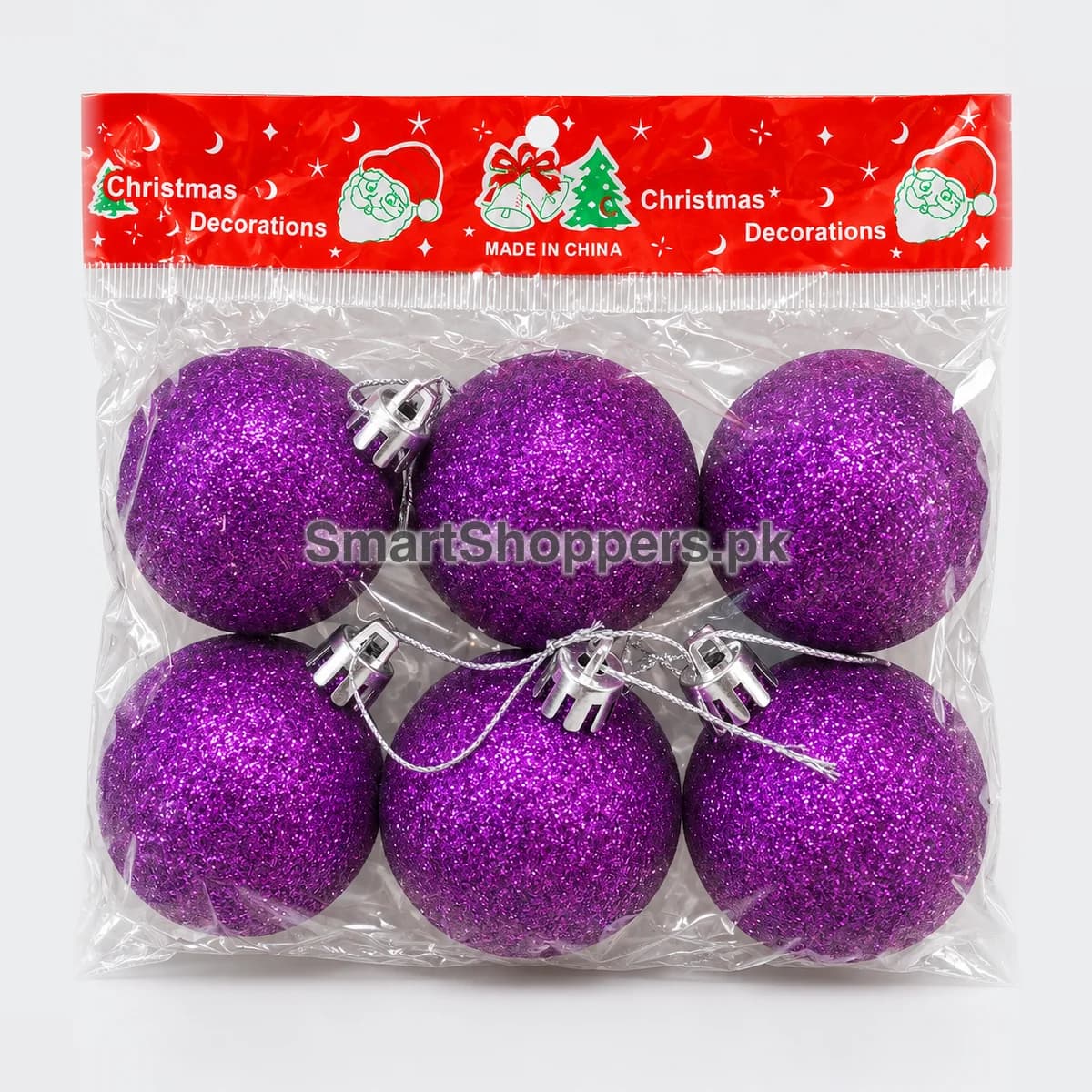 Pack of 6 purple glitter Christmas balls with silver caps and cords, in their bag