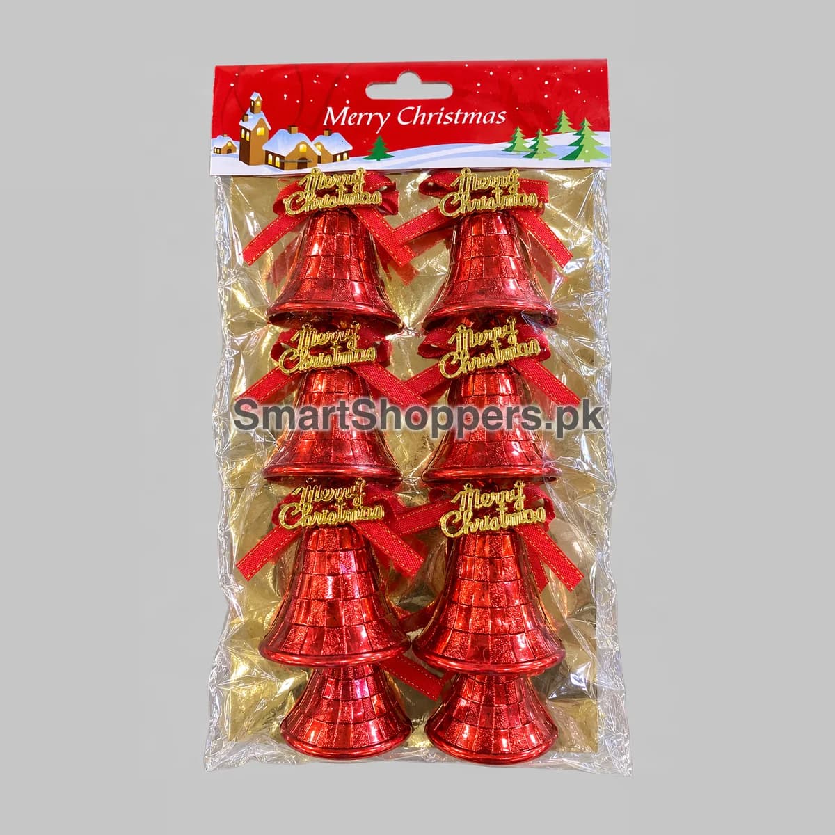 Pack of 6 shiny red bells with red bows and gold Merry Christmas tags, in their bag