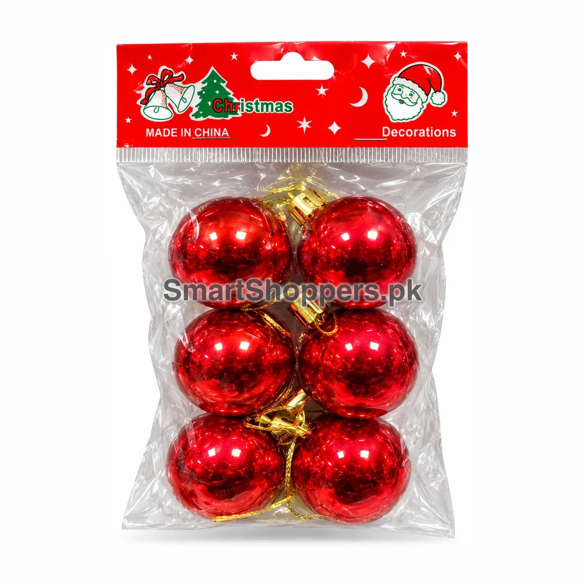 Pack of 6 red shiny Christmas balls with gold caps and cords in their bag
