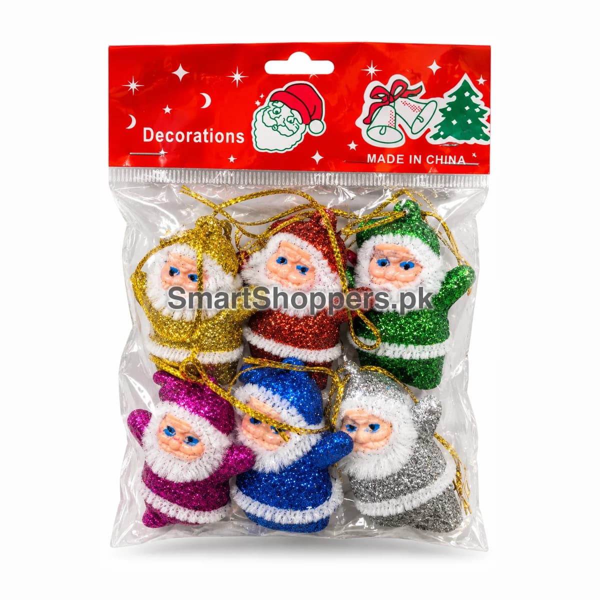 Pack of 6 glitter Santa ornaments in gold, red, green, pink, blue and silver in their bag