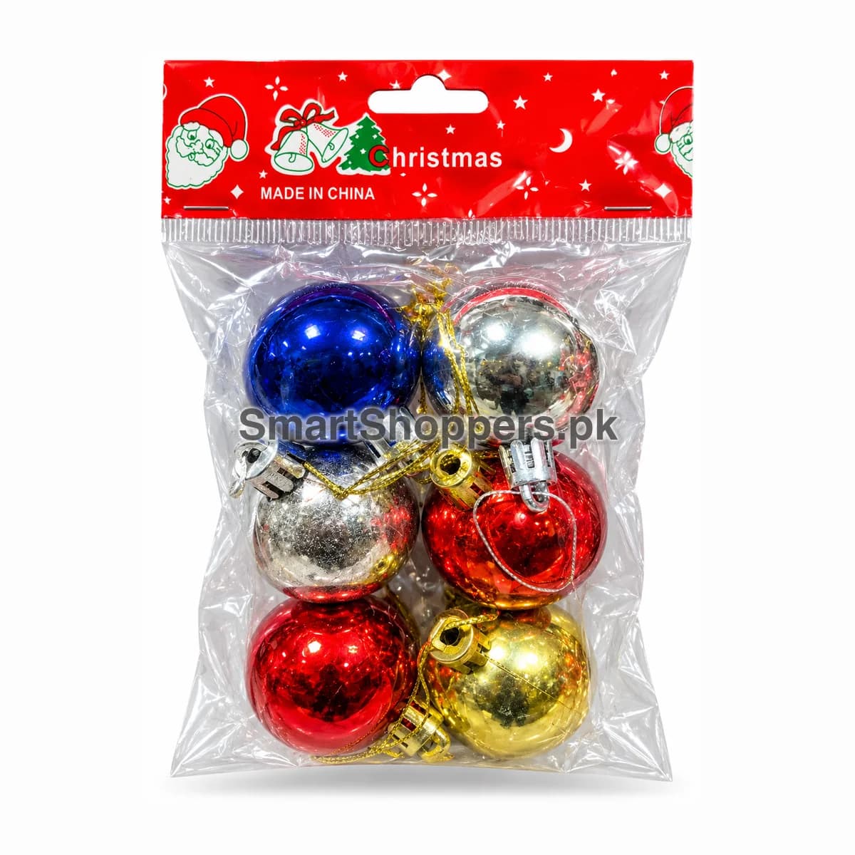 Pack of 6 shiny Christmas balls in blue, silver, red and gold in their bag