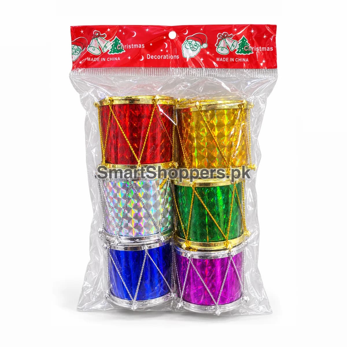Pack of 6 shiny drum ornaments in red, gold, silver, green, blue and purple
