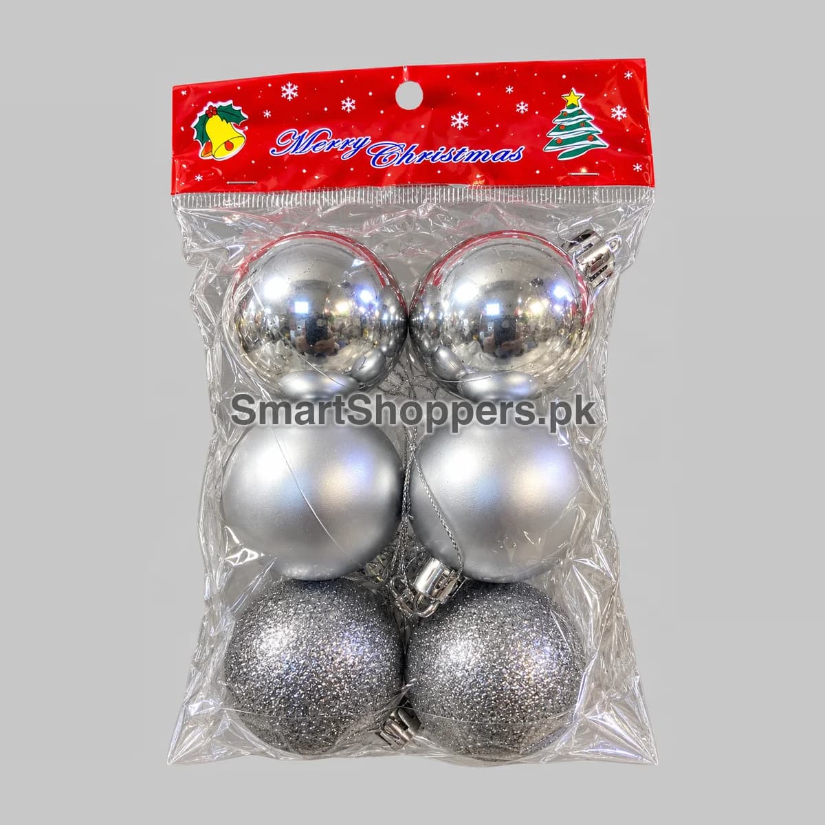 Pack of 6 silver Christmas balls, two shiny, two matte and two glitter, in their bag