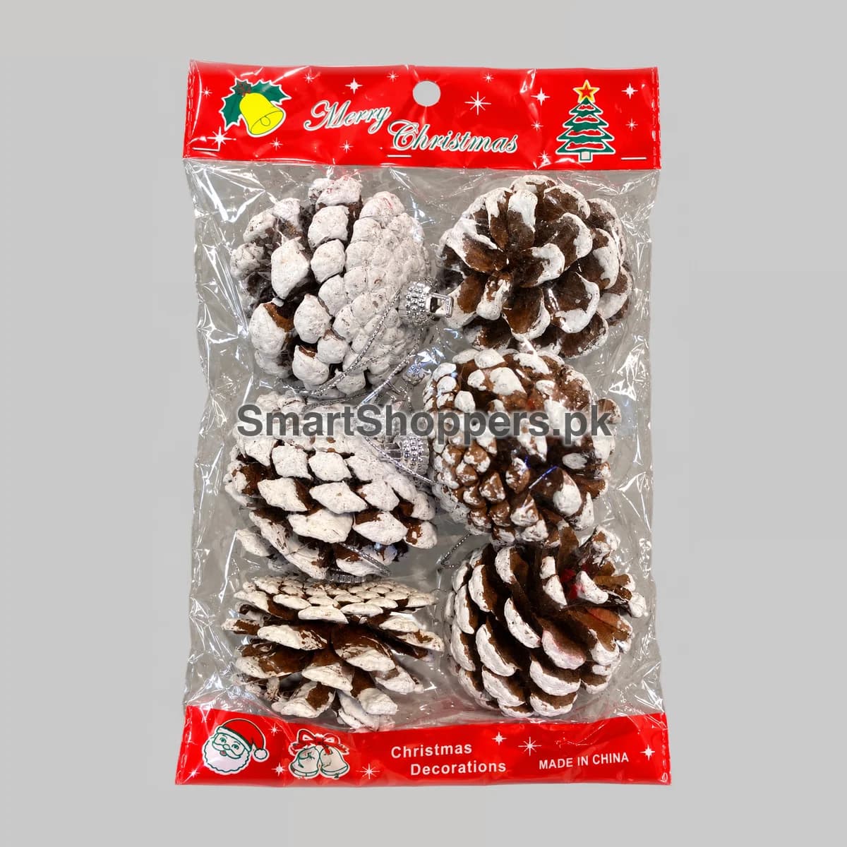 Pack of 6 brown pine cones with white snowy tips