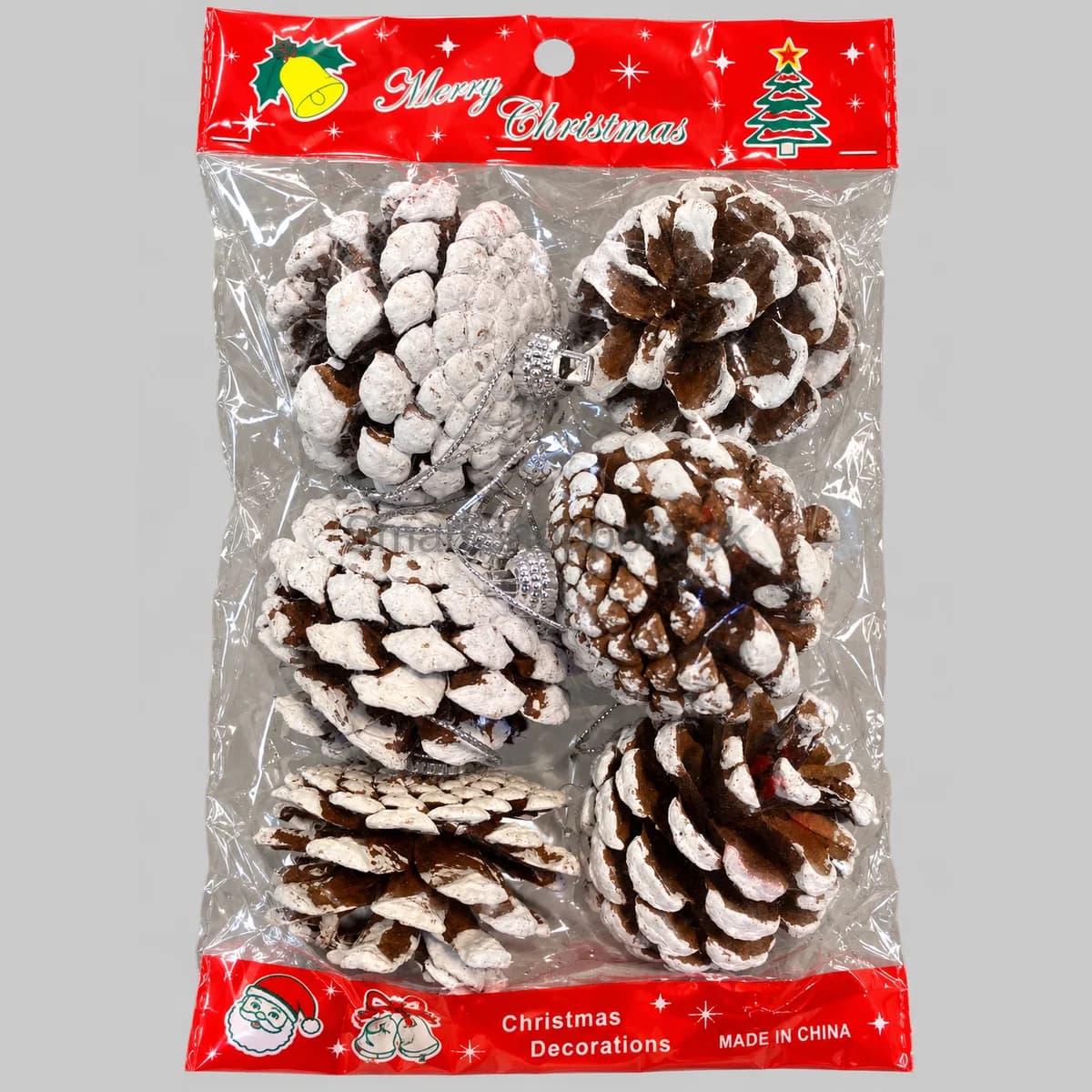 Pack of 6 brown pine cones with white snowy tips