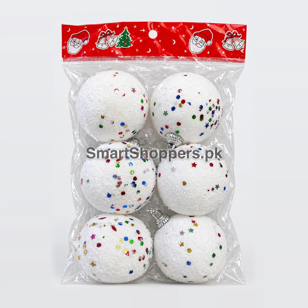 Pack of 6 large white Christmas balls with coloured sequins and stars, in their bag