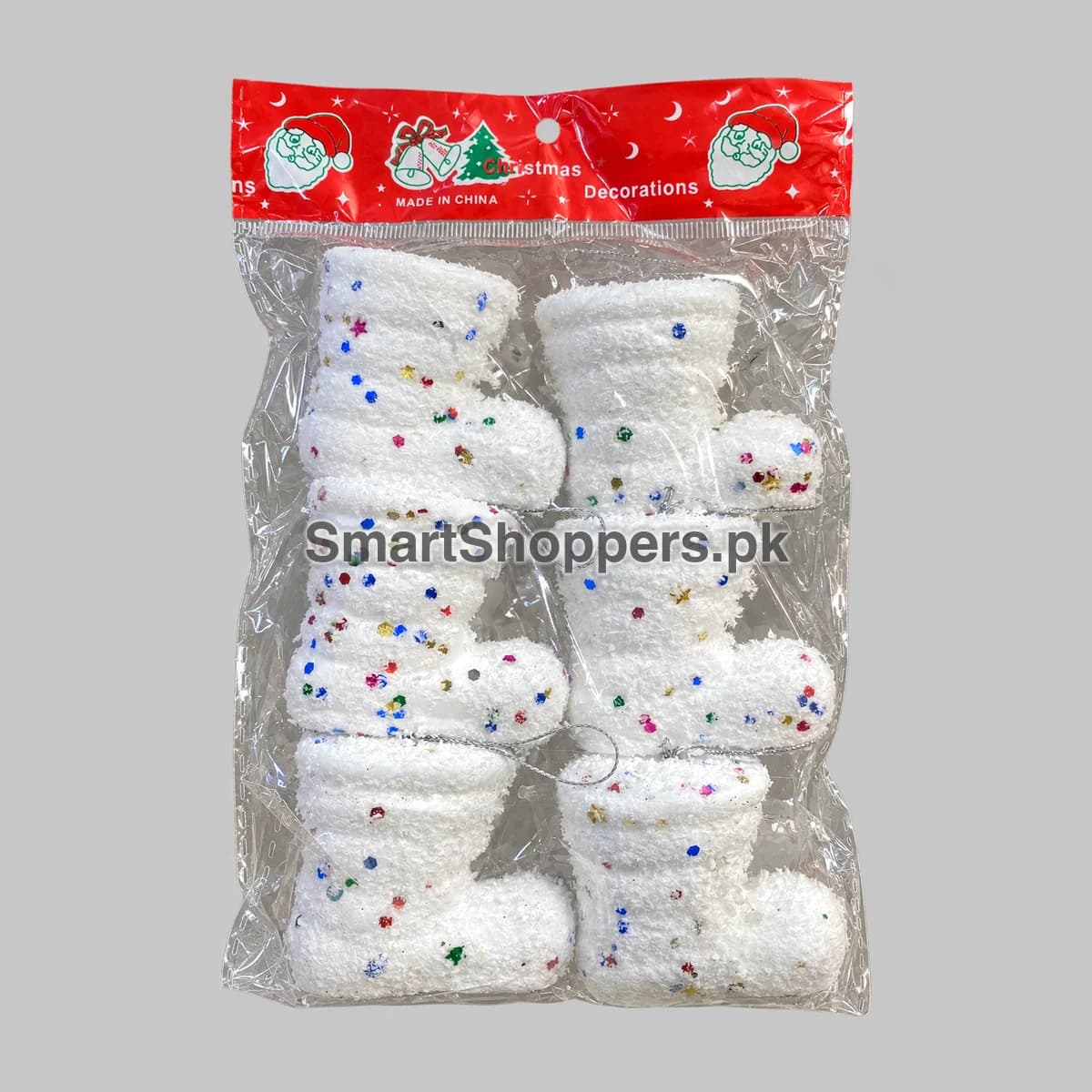 Pack of 6 white thermocol snow boots with colourful sequins