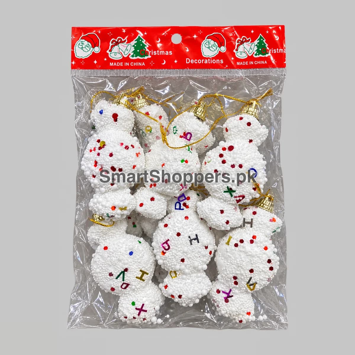 Pack of 6 white thermocol snowman ornaments with colourful sequins