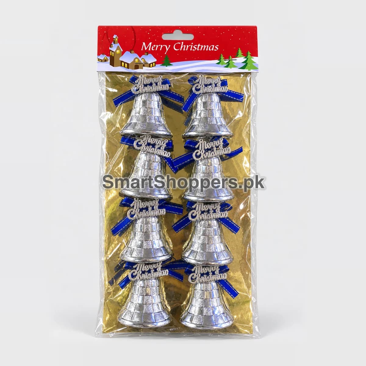 Pack of 8 silver bells with blue bows and silver Merry Christmas tags, in their bag