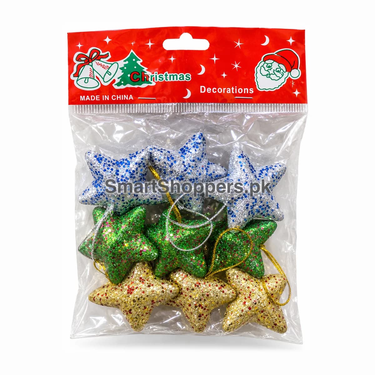 Pack of 9 glitter stars, three silver with blue glitter, three green and three gold, in their bag