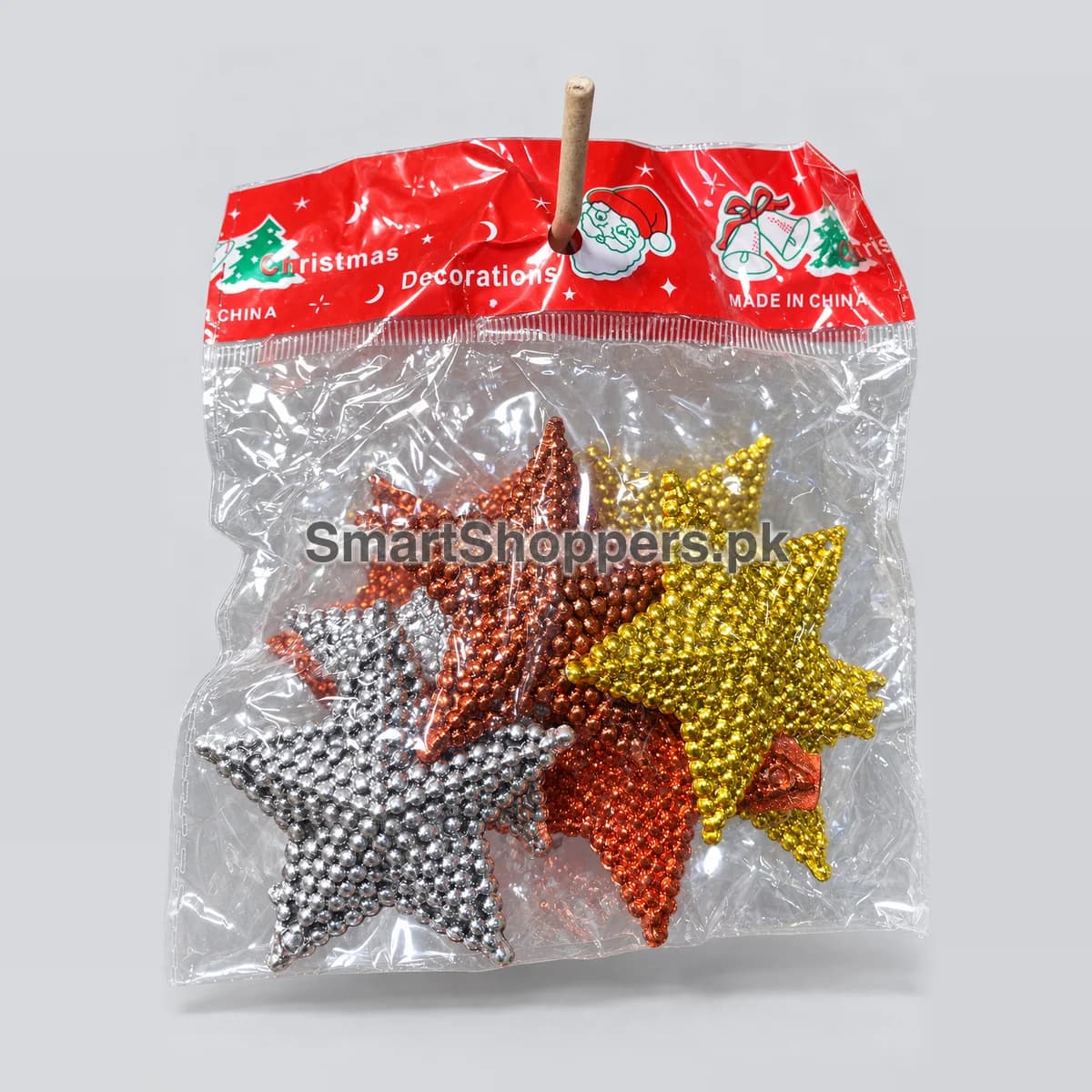 Pack of 9 studded star ornaments in silver, copper and gold, covered in small round beads, in their bag