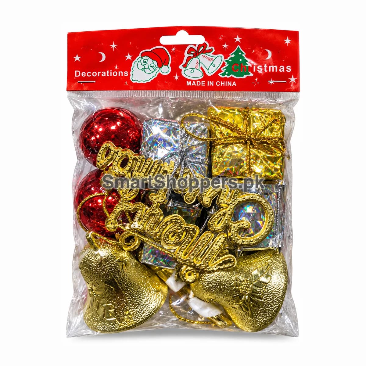 Red and gold mixed ornament pack with red balls, gift boxes, gold bells and a Merry Christmas sign in its bag