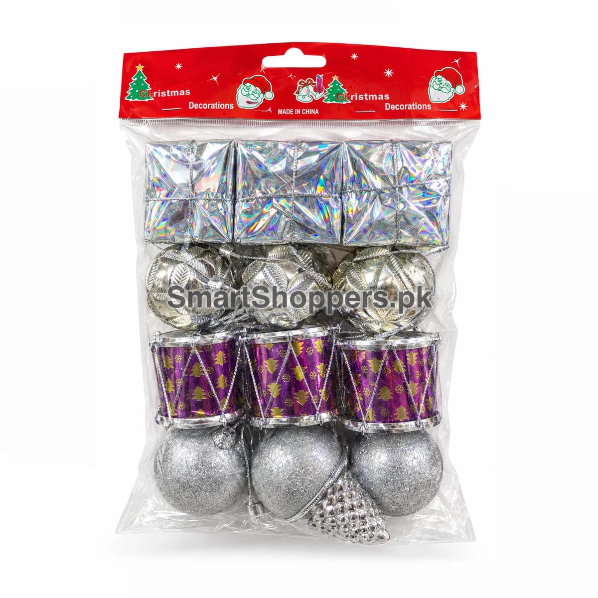 Mixed silver and purple Christmas ornament pack in a bag: holographic gift boxes, patterned balls, purple drums and glitter balls