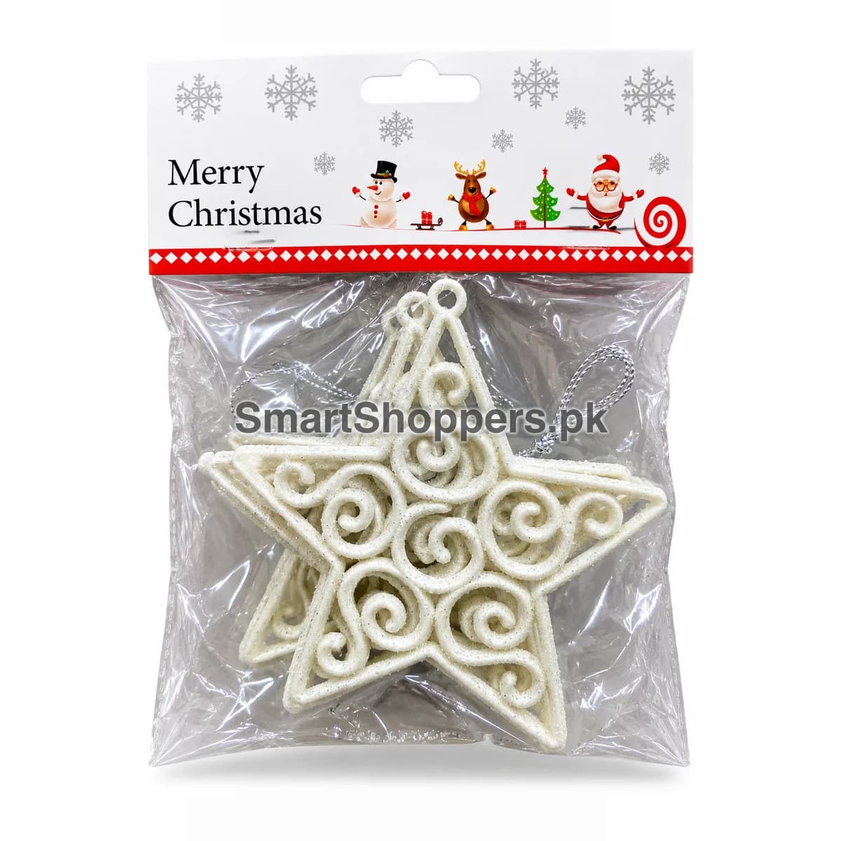 White glitter swirl star ornaments with a silver cord in their bag