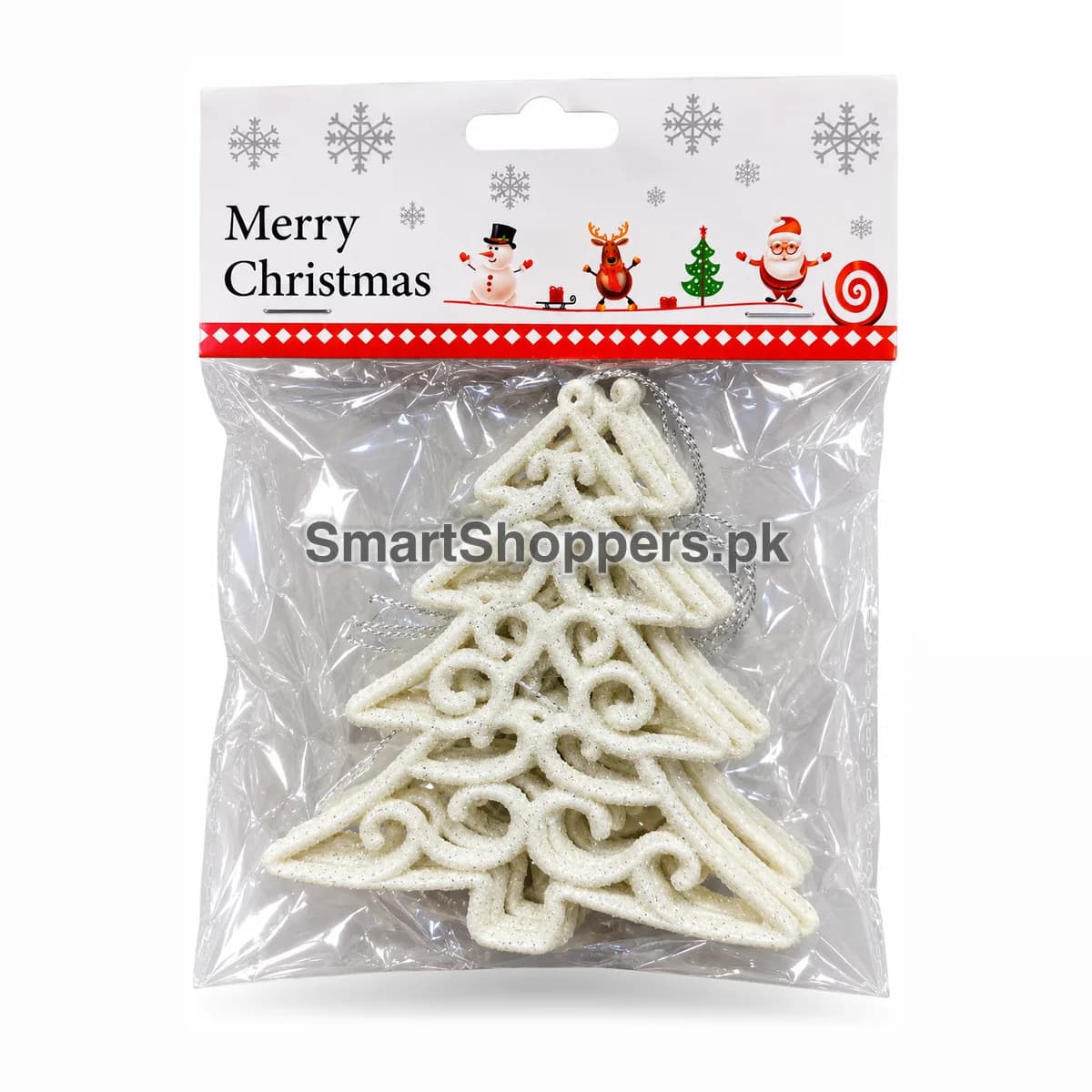 White glitter swirl Christmas tree ornaments with a silver cord in their bag