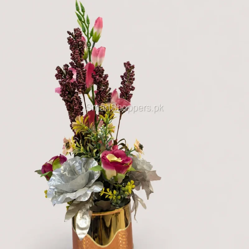 Artificial Pink Rose Flower Arrangement in Gold Pot
