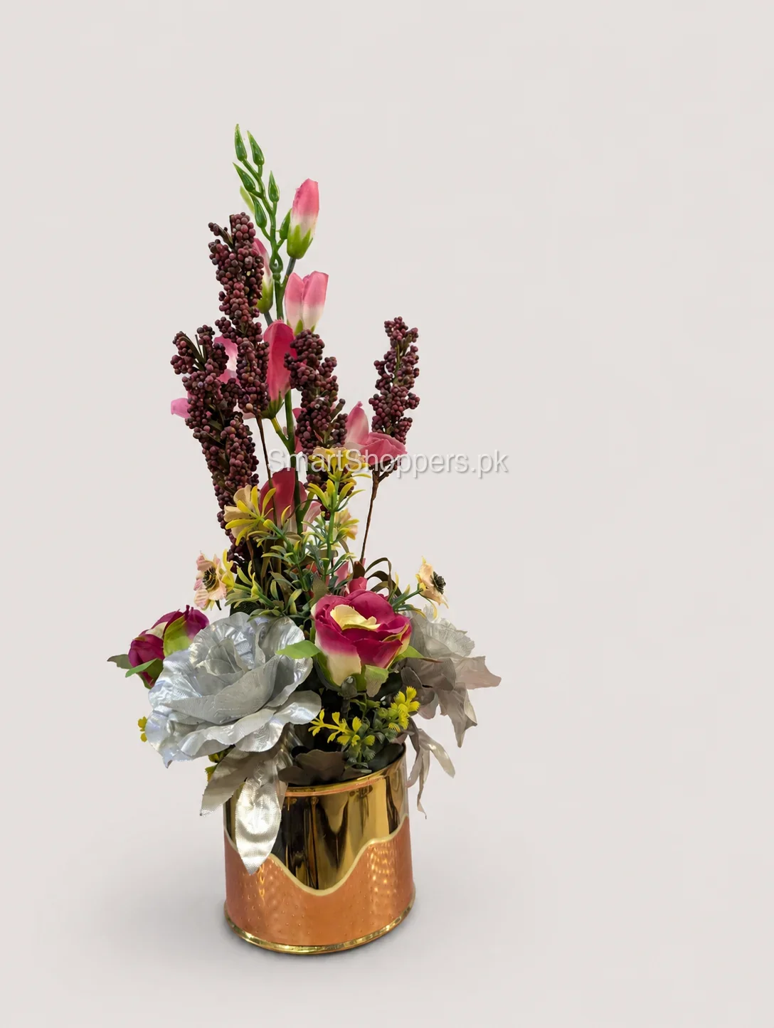 Artificial Pink Rose Flower Arrangement in Gold Pot 1 Artificial Pink Rose Flower Arrangement in Gold Pot